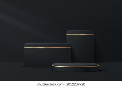 3D abstract studio room with pedestal podium. Black and gold geometric steps platform with shadow and lighting. Luxury minimal scene for demonstration of cosmetic products. Showcase, Promotion display