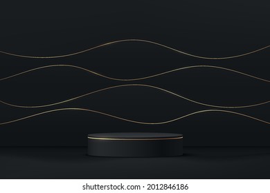 3D abstract studio room with pedestal podium. black geometric platform with black and golden layers wavy backdrop. Luxury wall scene for demonstration of cosmetic products, Showcase, Promotion display