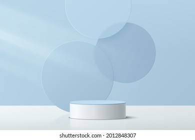 3D abstract studio room with pedestal podium. White and pastel blue geometric platform with circle overlap backdrop. Modern minimal scene for demonstration of cosmetic products. Showcase, Display case