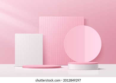 3D abstract studio room with pedestal podium. White and pastel pink geometric platform with rectangles backdrop. Modern minimal scene for demonstration of cosmetic products. Showcase, Display case.