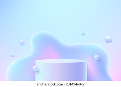 3D Abstract Studio Room With Pedestal Podium. Blue Geometric Platform With Fluid Liquid Hologram Color Flying On Air. Minimal Scene For Demonstration Of Cosmetic Products, Showcase, Promotion Display.