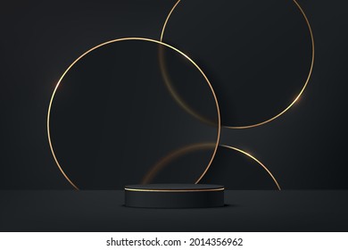 3D abstract studio room and pedestal podium  black geometric platform and black   golden layers circles backdrop  Luxury scene for demonstration cosmetic products  Showcase  Promotion display 
