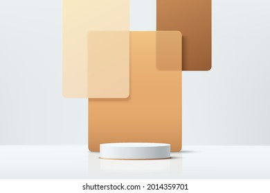 3D abstract studio room with pedestal podium. White and gold geometric platform with rectangles overlap backdrop. Luxury minimal scene for demonstration of cosmetic products. Showcase, Display case.