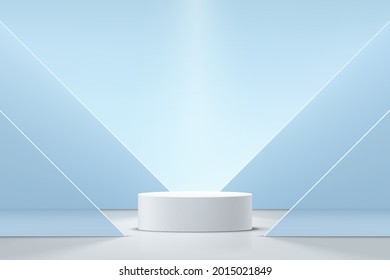 3D abstract studio room with pedestal podium. White geometric platform with pastel blue layers triangles backdrop. Minimal scene for demonstration of cosmetic products, Showcase, Promotion display.