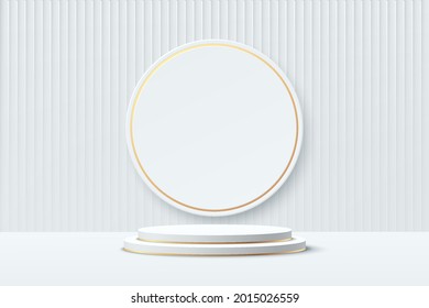3D abstract studio room with pedestal podium. White and gold geometric platform with luxury golden circle backdrop. Minimal scene for demonstration of cosmetic products, Showcase, Promotion display.