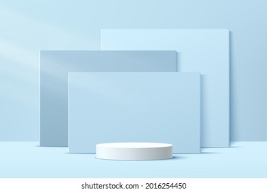 3D abstract studio room with pedestal podium. White geometric platform with pastel blue layers square backdrop. Minimal wall scene for demonstration of cosmetic products, Showcase, Promotion display.