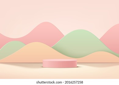 3D abstract studio room with pedestal podium. Pink and green geometric platform with pastel wavy layers backdrop. Minimal wall scene for demonstration of cosmetic products. Showcase, Promotion display