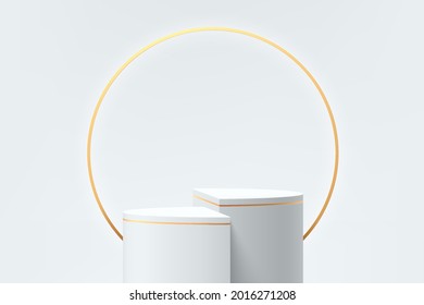 3D Abstract Studio Room With Pedestal Podium. White And Gold Geometric Platform With Luxury Golden Circle Ring. Minimal Scene For Demonstration Of Cosmetic Products, Showcase, Promotion Display Case.