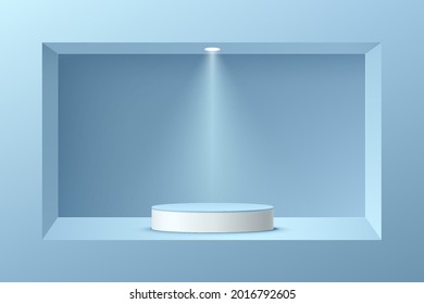 3D Abstract Studio Room With Pedestal Podium. White Geometric Platform In Pastel Blue Rectangle Frame With Spot Light. Minimal Scene For Demonstration Of Cosmetic Products, Showcase, Display Case.