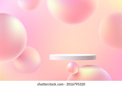 3D abstract studio room and pedestal podium  White geometric platform floating air and pastel pink sphere ball flying  Minimal scene for demonstration cosmetic products  Showcase  Display case