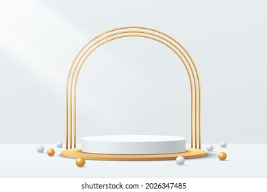 3D abstract studio room with pedestal podium. White and gold geometric platform with golden arches and sphere ball. Luxury scene for demonstration of cosmetic products. Showcase, Display case.
