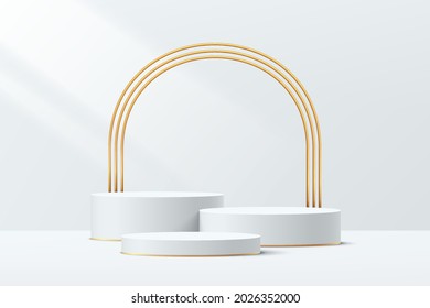 3D Abstract Studio Room With Pedestal Podium. White And Gold Geometric Platform With Golden Arches Backdrop. Scene For Demonstration Of Cosmetic Products. Showcase, Display Case. Vector Illustration.