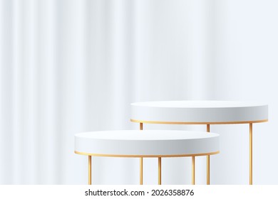 3D abstract studio room with pedestal podium. White and gold geometric platform with curtain background. Luxury minimal scene for demonstration of cosmetic products. Showcase, Promotion display.