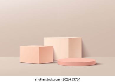 3D abstract studio room with pedestal podium. pastel pink and light beige geometric platform with lighting and shadow. Minimal scene for demonstration of cosmetic products, Showcase, Promotion display