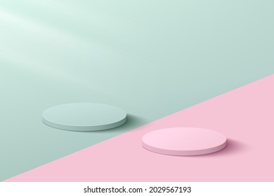 3D abstract studio room and pedestal podium  Pastel pink   light green geometric platform contrast color floor  Minimal wall scene for cosmetic products  Showcase  Promotion case  Vector EPS10 