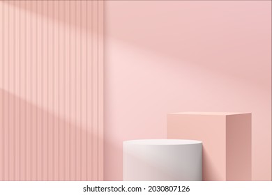 3D abstract studio room with pedestal or stand podium. Pink and white geometric platform with lighting and shadow. Minimal wall scene for cosmetic products presentation, Showcase, Promotion display.