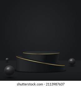 Sala de estudio abstracta 3D con pedestal. plataforma geométrica negra con brillo dorado y esferas negras. Lujosos productos de belleza escaparate, escaparate, escaparate de promoción.
