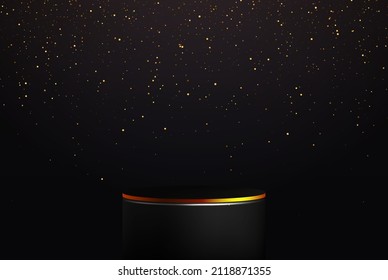 3D abstract studio room with pedestal podium.Black geometric platform with gold glitter. luxury beauty product display stage, showcase, promo showcase