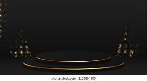 3D abstract studio room with pedestal. black geometric platform with gold glitter. Luxurious cosmetic product display stage, showcase, promo showcase.