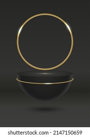 3D abstract studio room with pedestal or stand podium. Black and gold geometric platform with golden ring backdrop.