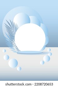 Sala de estudio abstracta 3D con podio peatonal. Plataforma geométrica blanca y azul pastel con fondo de solapamiento circular. Escena mínima moderna para la demostración de productos cosméticos. Mostrador, funda de visualización
