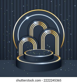 3D abstract studio room with pedestal podium. black geometric platform with golden glitter. Luxury scene for demonstration of cosmetic products, Showcase, Promotion display