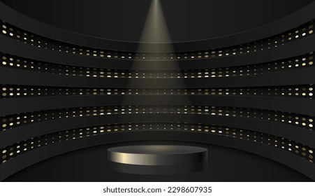 Sala de estudio abstracta 3D con podio peatonal. plataforma geométrica negra con brillo dorado en el fondo de forma rectangular.