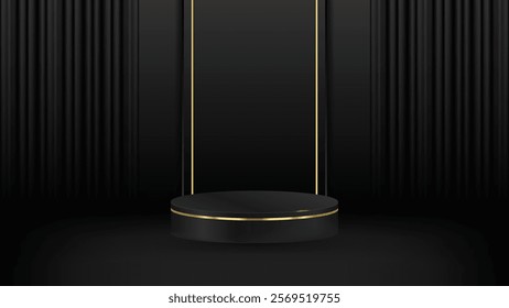 3D abstract studio room with pedestal podium. black geometric platform with golden glitter in rectangle shape backdrop. Luxury scene for demonstration of cosmetic products, Showcase, Promotion display