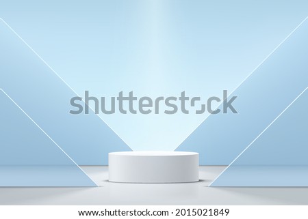3D abstract studio room with pedestal podium. White geometric platform with pastel blue layers triangles backdrop. Minimal scene for demonstration of cosmetic products, Showcase, Promotion display.