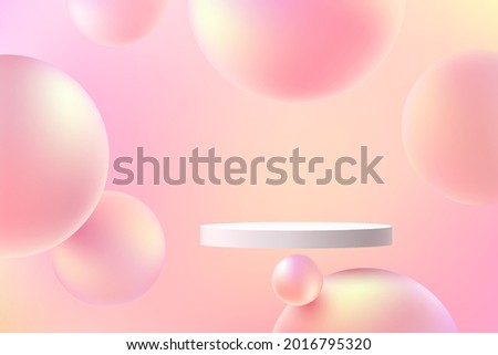 3D abstract studio room with pedestal podium. White geometric platform floating on air with pastel pink sphere ball flying. Minimal scene for demonstration of cosmetic products, Showcase, Display case