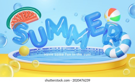 3d abstract summer background design. Suitable for seasonal sale or activity promotion. Composition of cute letter balloon and swim objects floating above a round swimming pool. - Shutterstock ID 2020476239