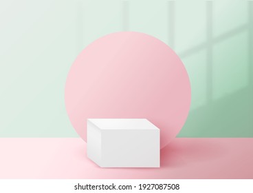 3d Resumen de fondo de verano o primavera con sombras, podio blanco, superficie rosada y fondo verde. Ilustración vectorial realista para moda, cosméticos, venta, accessoriza y. Un estilo minimalista a la moda.