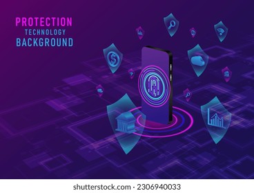 3d Abstract Technology Background Protection and security system for data access internet, banking, cloud, wifi, finance With a mobile phone screen fingerprint scanning, the circle glows below.