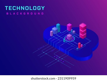 3D Abstract Technology Background System cloud computing Isometric multicolored cubes There is a line connecting a glowing circle in the middle of the blue and purple gradient background.