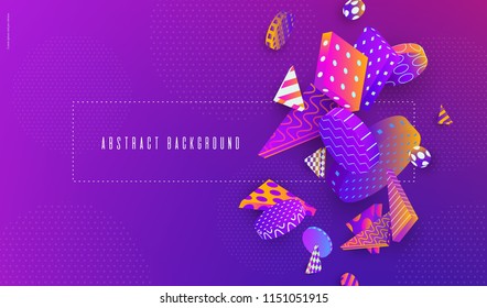 3d Abstract ultraviolet gradient background with a bunch of falling multicolored geometric shapes Creative banner with space for text Vector illustration