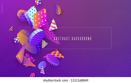 3d Abstract ultraviolet gradient background with a bunch of falling multicolored geometric shapes Creative banner with space for text Vector illustration