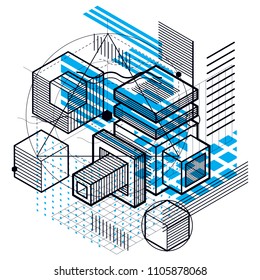 3d abstract vector isometric background. Layout of cubes, hexagons, squares, rectangles and different abstract elements.