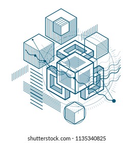 3d abstract vector isometric background. Layout of cubes, hexagons, squares, rectangles and different abstract elements.