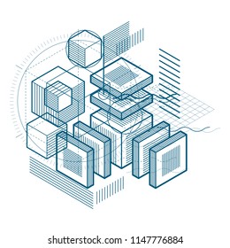 3d abstract vector isometric background. Layout of cubes, hexagons, squares, rectangles and different abstract elements.