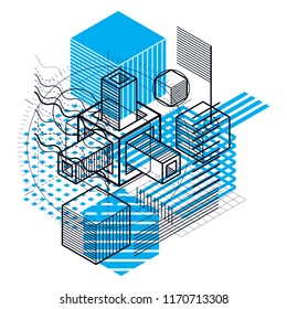 3d abstract vector isometric background. Layout of cubes, hexagons, squares, rectangles and different abstract elements.