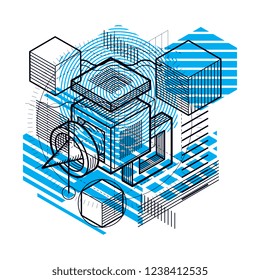 3d abstract vector isometric background. Layout of cubes, hexagons, squares, rectangles and different abstract elements.
