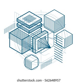 3d abstract vector isometric background. Layout of cubes, hexagons, squares, rectangles and different abstract elements.