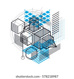 3d abstract vector isometric background. Layout of cubes, hexagons, squares, rectangles and different abstract elements.