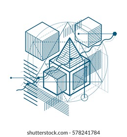 3d abstract vector isometric background. Layout of cubes, hexagons, squares, rectangles and different abstract elements.