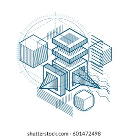 3d abstract vector isometric background. Layout of cubes, hexagons, squares, rectangles and different abstract elements.