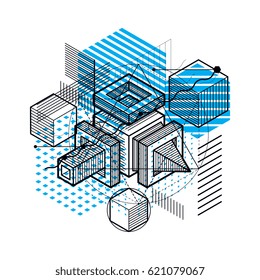 3d abstract vector isometric background. Layout of cubes, hexagons, squares, rectangles and different abstract elements.