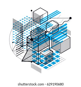 3d abstract vector isometric background. Layout of cubes, hexagons, squares, rectangles and different abstract elements.