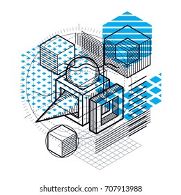 3d abstract vector isometric background. Layout of cubes, hexagons, squares, rectangles and different abstract elements.