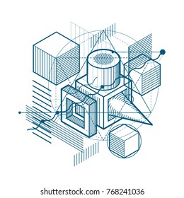 3d abstract vector isometric background. Layout of cubes, hexagons, squares, rectangles and different abstract elements.