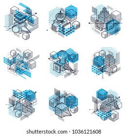 3d abstract vector isometric backgrounds. Layouts of cubes, hexagons, squares, rectangles and different abstract elements. Vector collection.